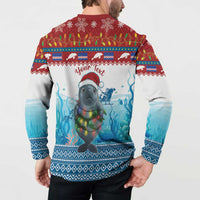 Men's red and blue button sweatshirt, back view with seal and holiday snowflake pattern