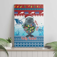 Blue Christmas canvas wall art featuring a manatee with Santa hat lights and “Feliz Natal” text