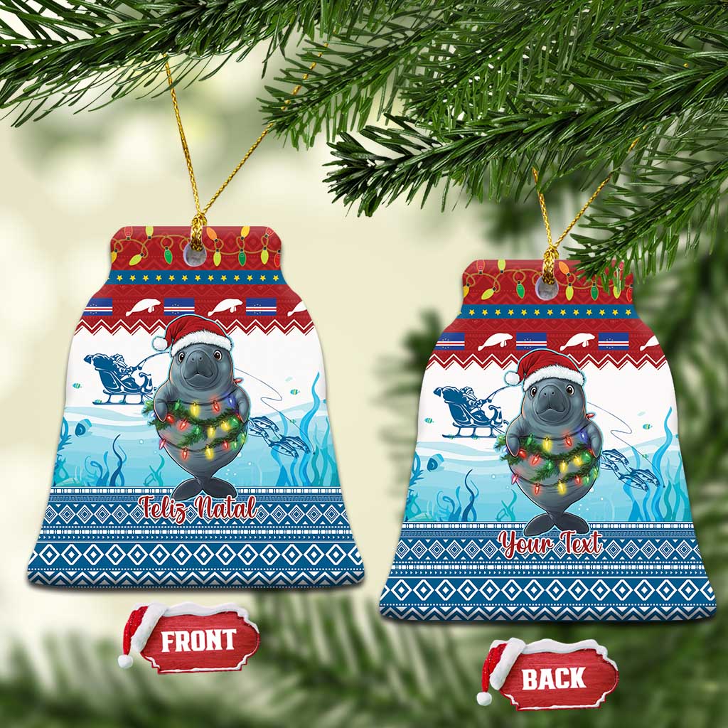 Blue ceramic bell-shaped ornaments with manatee and glowing lights, “Feliz Natal” and “Your Text”
