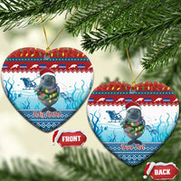 Blue ceramic heart ornaments with manatee and glowing lights, “Feliz Natal” and “Your Text”