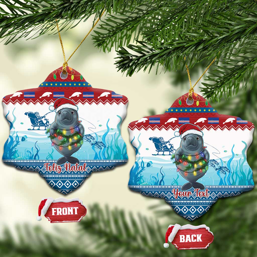 Blue ceramic heart ornaments with manatee and glowing lights, “Feliz Natal” and “Your Text”