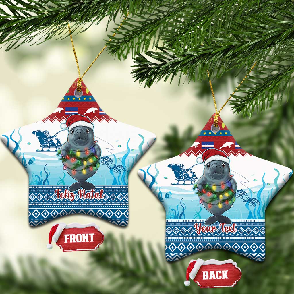 Blue ceramic star ornaments with manatee and glowing lights, “Feliz Natal” and “Your Text”