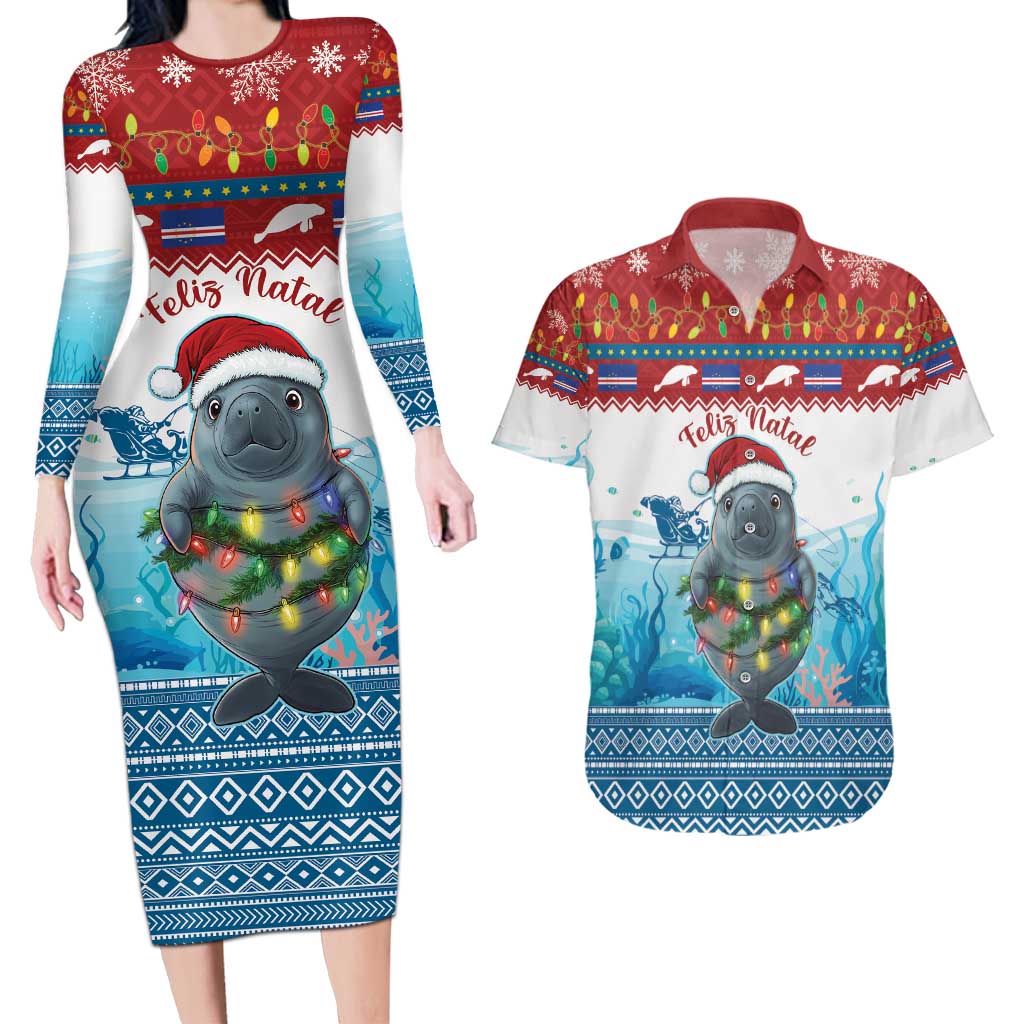 Personalised Cape Verde Christmas Couples Matching Long Sleeve Bodycon Dress and Hawaiian Shirt Manatee Feliz Natal - Wonder Print Shop