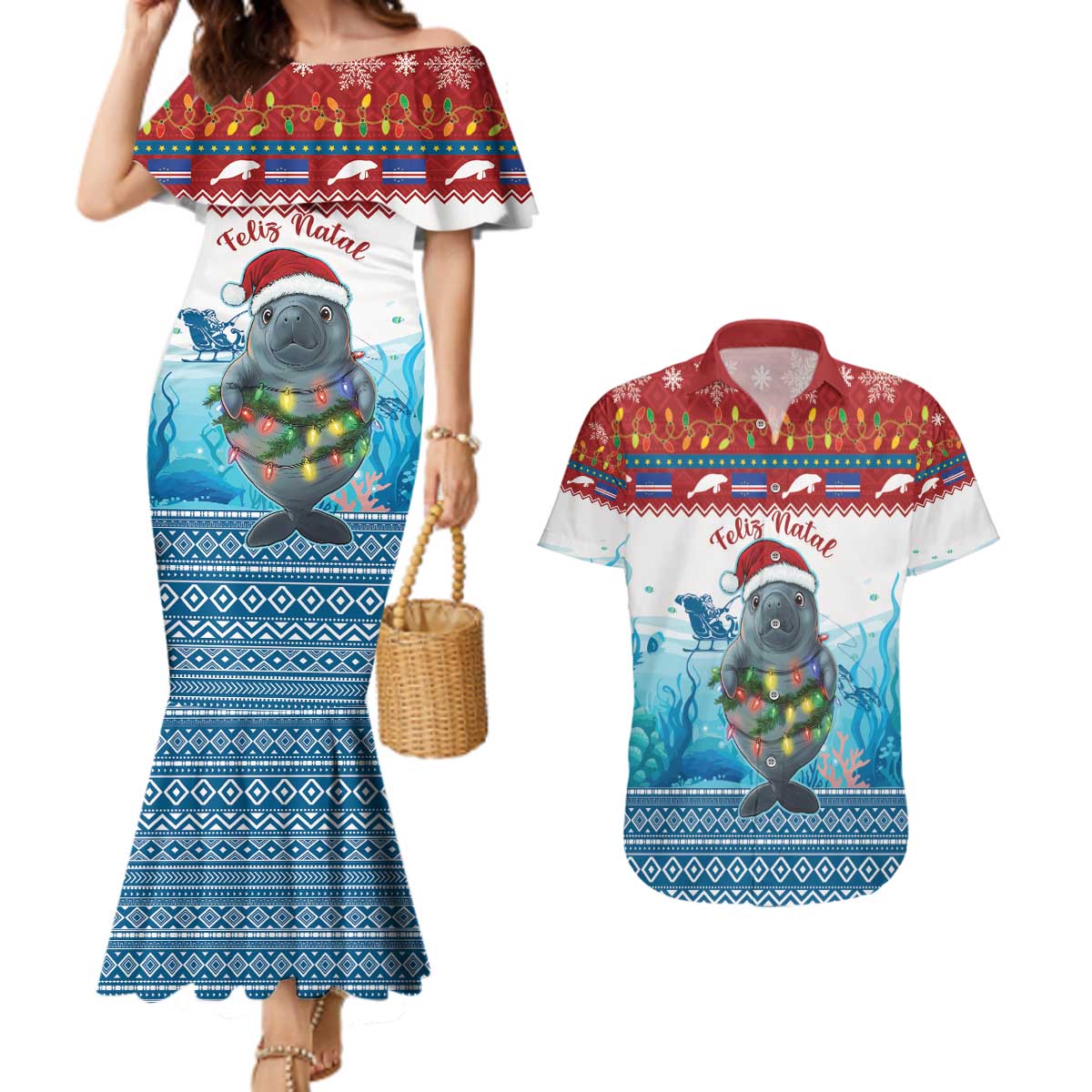 Personalised Cape Verde Christmas Couples Matching Mermaid Dress and Hawaiian Shirt Manatee Feliz Natal - Wonder Print Shop