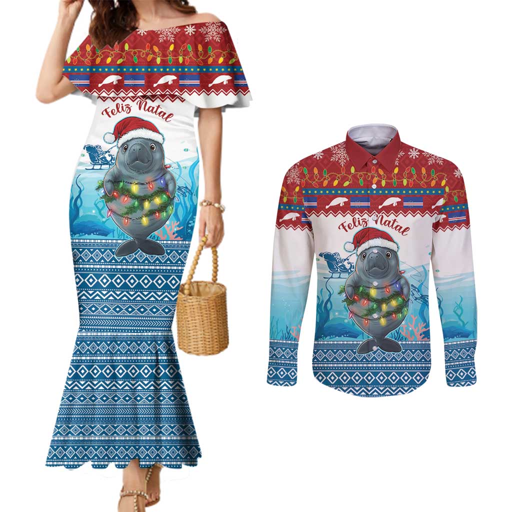 Personalised Cape Verde Christmas Couples Matching Mermaid Dress and Long Sleeve Button Shirt Manatee Feliz Natal