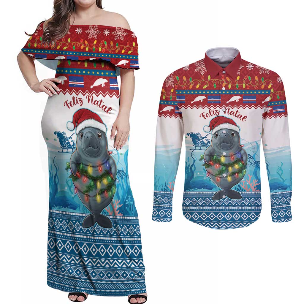 Personalised Cape Verde Christmas Couples Matching Off Shoulder Maxi Dress and Long Sleeve Button Shirt Manatee Feliz Natal - Wonder Print Shop