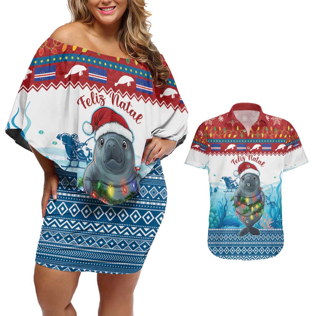 Personalised Cape Verde Christmas Couples Matching Off Shoulder Short Dress and Hawaiian Shirt Manatee Feliz Natal - Wonder Print Shop