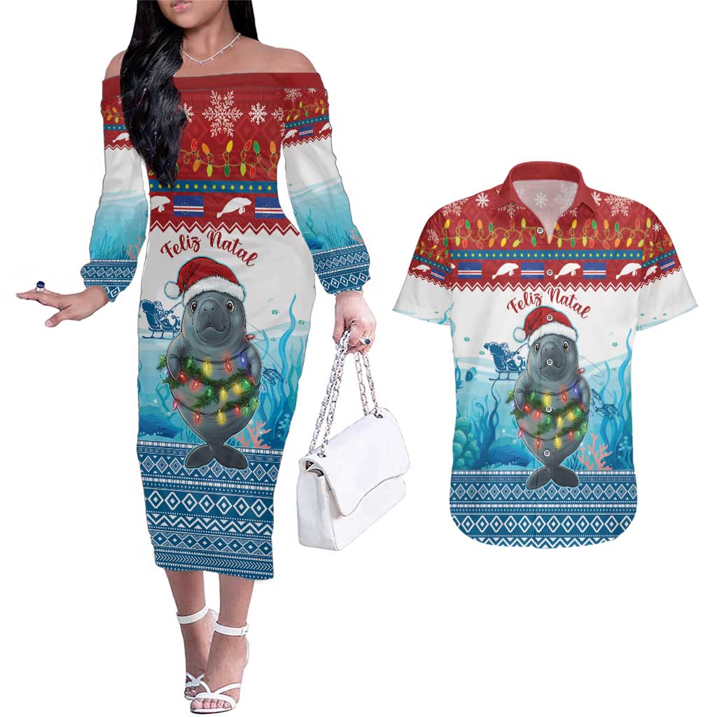 Personalised Cape Verde Christmas Couples Matching Off The Shoulder Long Sleeve Dress and Hawaiian Shirt Manatee Feliz Natal - Wonder Print Shop