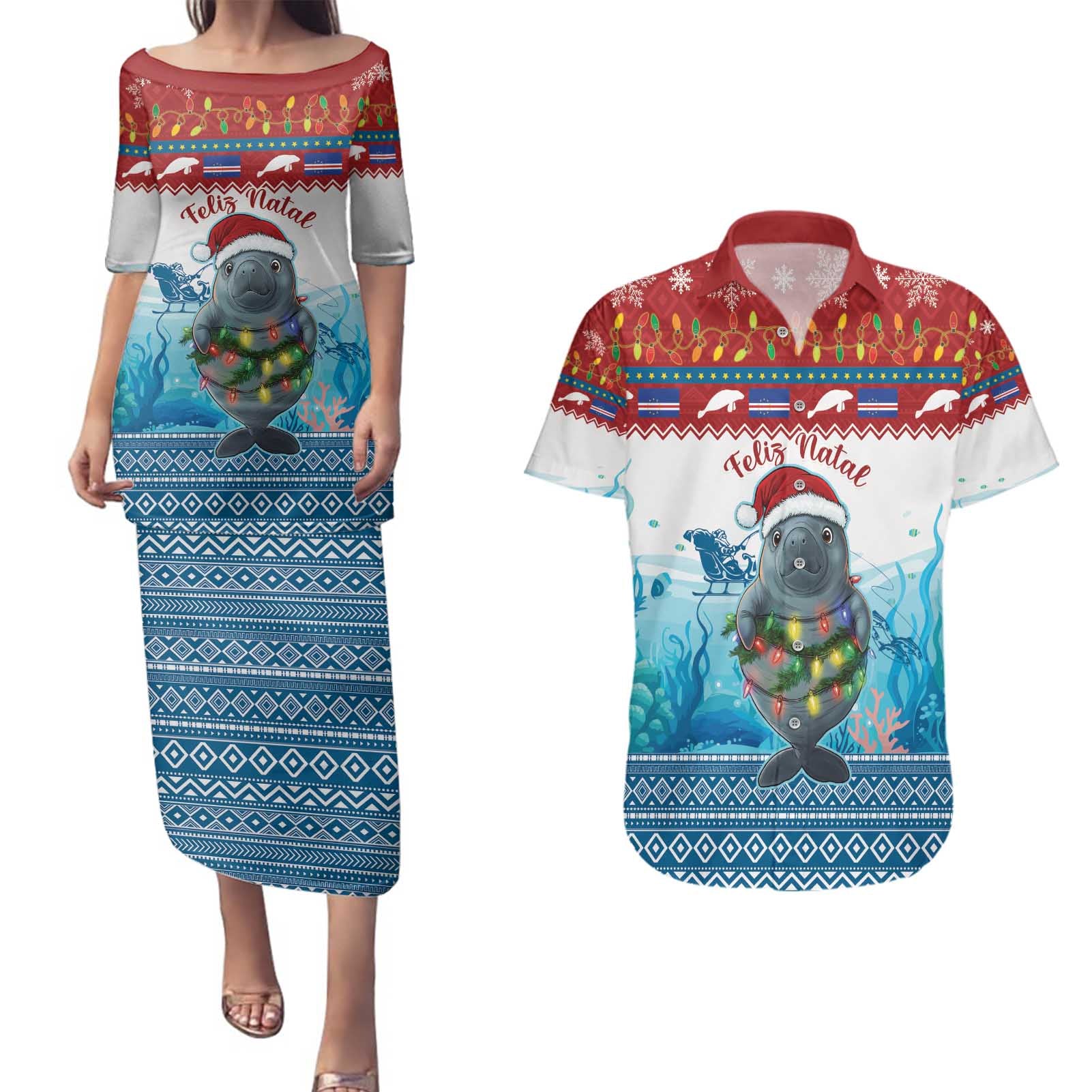 Personalised Cape Verde Christmas Couples Matching Puletasi and Hawaiian Shirt Manatee Feliz Natal - Wonder Print Shop