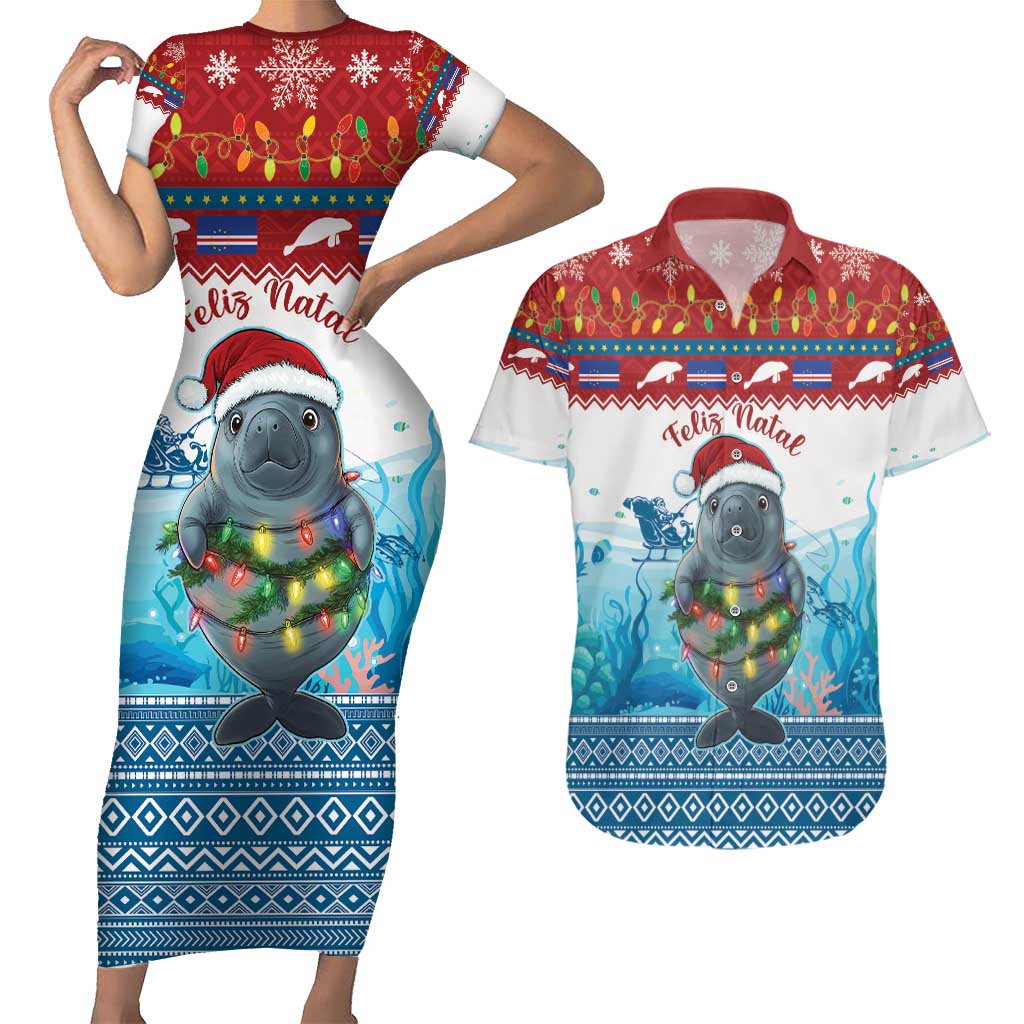 Personalised Cape Verde Christmas Couples Matching Short Sleeve Bodycon Dress and Hawaiian Shirt Manatee Feliz Natal - Wonder Print Shop