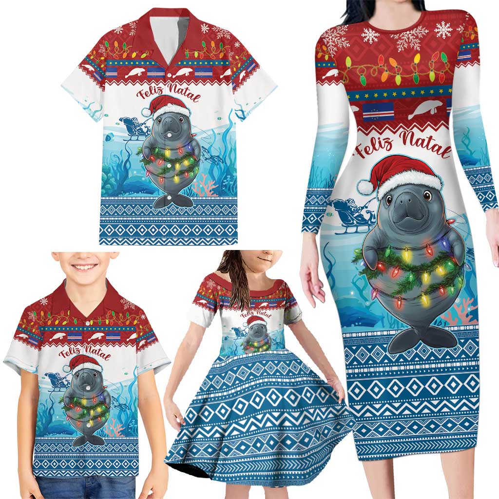 Personalised Cape Verde Christmas Family Matching Long Sleeve Bodycon Dress and Hawaiian Shirt Manatee Feliz Natal - Wonder Print Shop