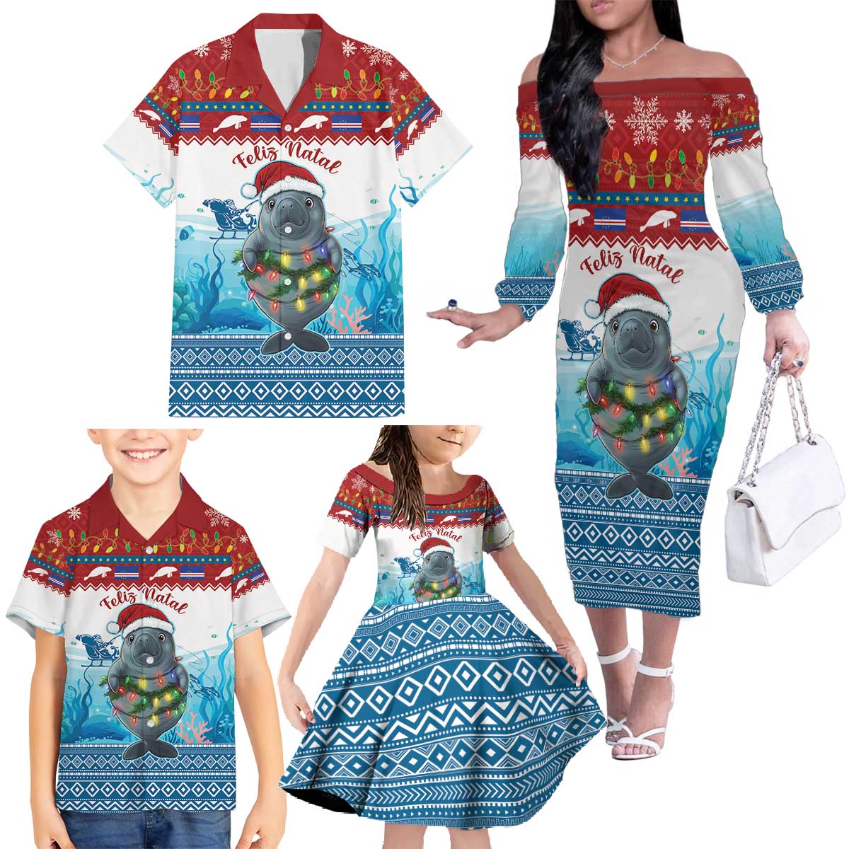 Personalised Cape Verde Christmas Family Matching Off The Shoulder Long Sleeve Dress and Hawaiian Shirt Manatee Feliz Natal - Wonder Print Shop