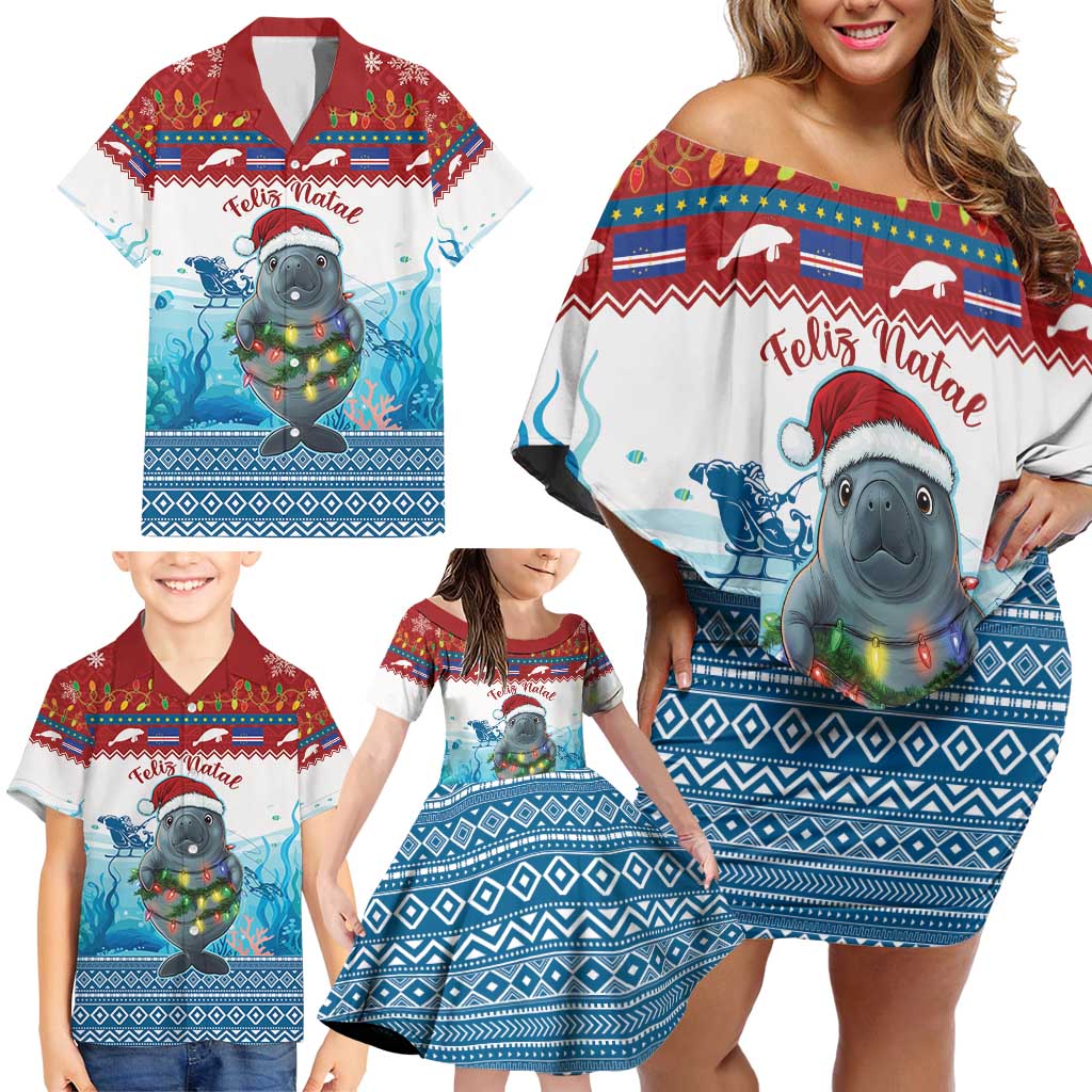 Personalised Cape Verde Christmas Family Matching Off Shoulder Short Dress and Hawaiian Shirt Manatee Feliz Natal - Wonder Print Shop