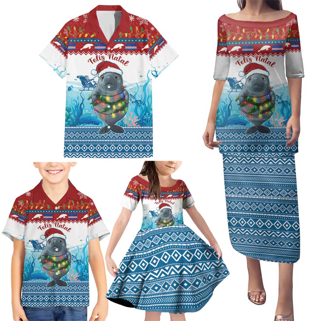 Personalised Cape Verde Christmas Family Matching Puletasi and Hawaiian Shirt Manatee Feliz Natal - Wonder Print Shop