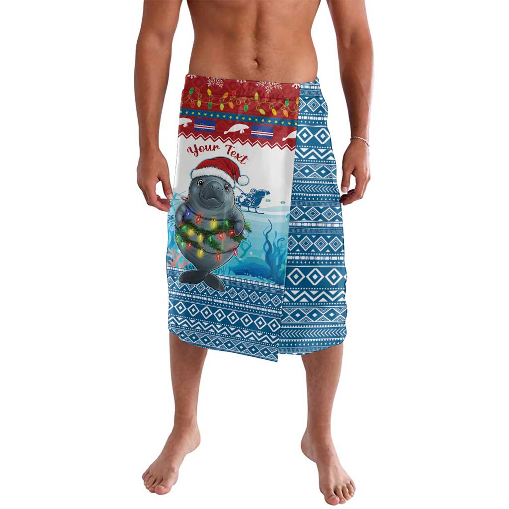 Men's Christmas lavalava sarong with blue geometric print, manatee graphic, red border