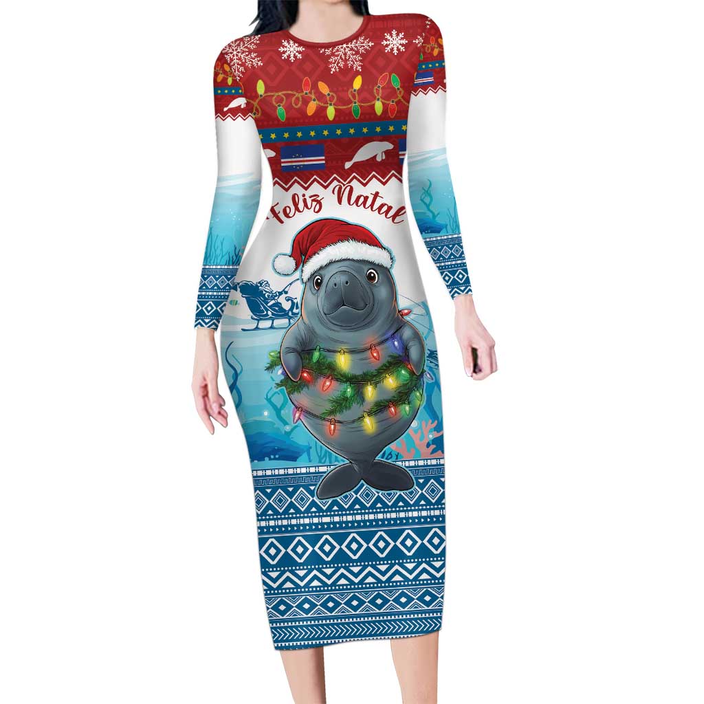 Personalised Cape Verde Christmas Long Sleeve Bodycon Dress Manatee Feliz Natal - Wonder Print Shop