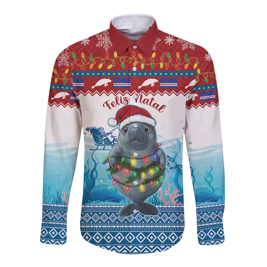 Long-sleeve button shirt with koala Feliz Natal festive graphic and red collar