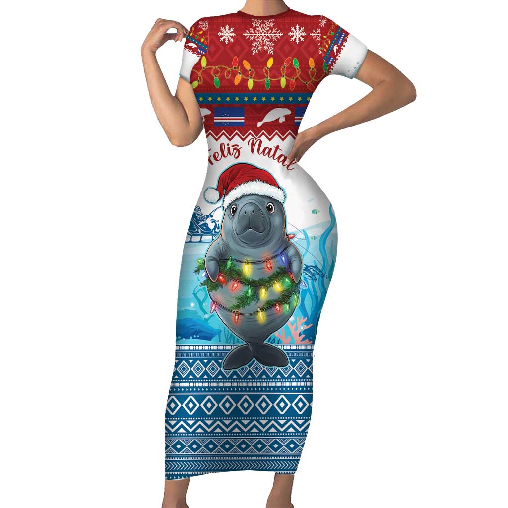 Personalised Cape Verde Christmas Short Sleeve Bodycon Dress Manatee Feliz Natal - Wonder Print Shop