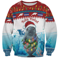 Christmas sweatshirt with manatee graphic, string lights, and 'Feliz Natal' print, red and blue