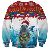 Christmas sweatshirt with manatee graphic and 'Your Text' personalization, red and blue