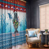 Blue manatee Feliz Natal window curtain panel, sea-themed print with patterned hem