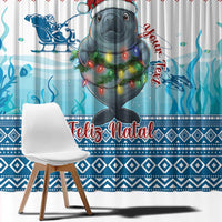 Blue manatee 'Feliz Natal' window curtain panel with ocean creatures and red accents