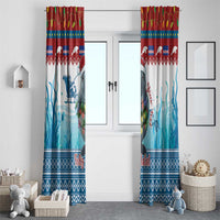 Blue manatee Feliz Natal window curtain panels with red top band and patterned hem