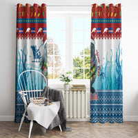 Blue manatee Feliz Natal window curtains with ocean scene print and red zigzag trim