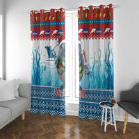 Blue manatee 'Feliz Natal' window curtain panels with patterned bottom stripe and border