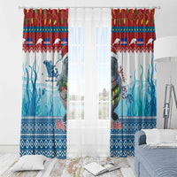 Blue manatee Feliz Natal window curtain panels with hanging rings and ocean-themed print