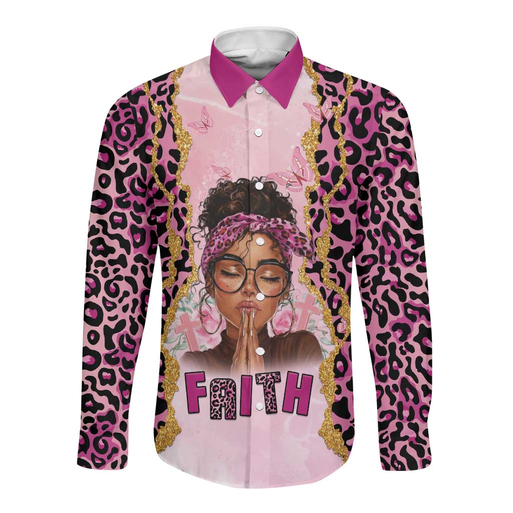 Black Her Story Long Sleeve Button Shirt Faith Pink Leopard - Wonder Print Shop