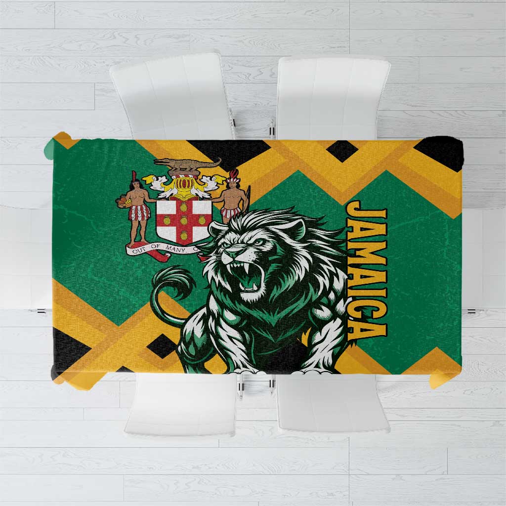 Green tablecloth with lion crest graphic in yellow, black, and green