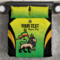 Green/black football bedding set with two pillows and duvet showing 'YOUR TEXT'.