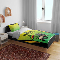 Green/black football bedding set with duvet and pillow featuring 'YOUR TEXT' and reggae character.