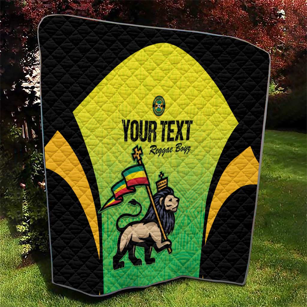 Black quilt corner with yellow-green Jamaican jersey graphic and custom text, quilted stitching
