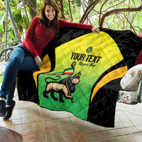 Black quilt with yellow-green Jamaican jersey graphic and custom text, quilted diamond pattern