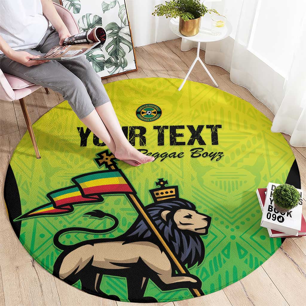 Green round rug with reggae graphic; 'Your Text' and 'Reggae Boys' wording