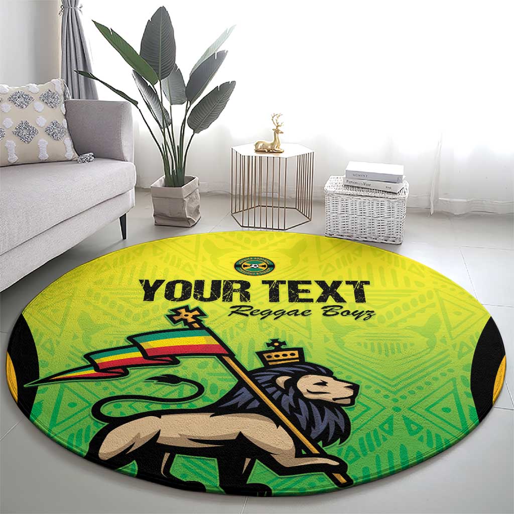 Green round rug with large reggae lion graphic and 'Your Text' 'Reggae Boys' text