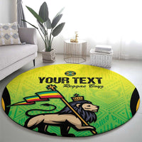 Green round rug with large reggae lion graphic and 'Your Text' 'Reggae Boys' text