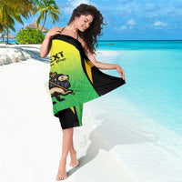 Green and black sarong with yellow shapes and “Your Text” reggae dancer print