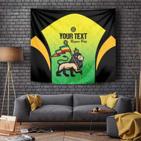 Black, green, and yellow tapestry with lion graphic and 'YOUR TEXT' lettering