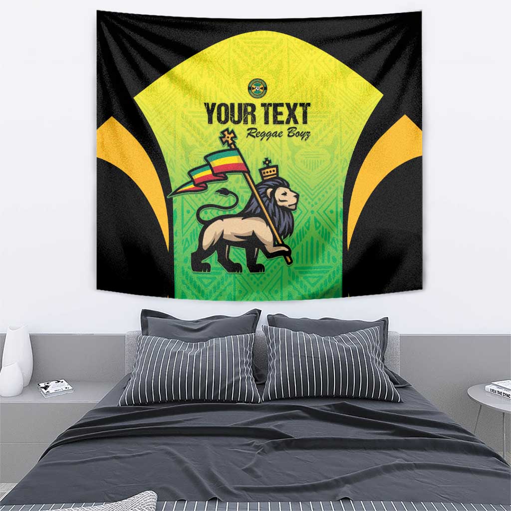 Rectangular wall tapestry with black sides, green-yellow center, and 'YOUR TEXT' logo