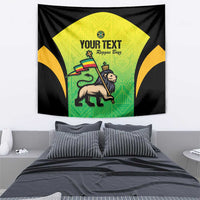 Rectangular wall tapestry with black sides, green-yellow center, and 'YOUR TEXT' logo