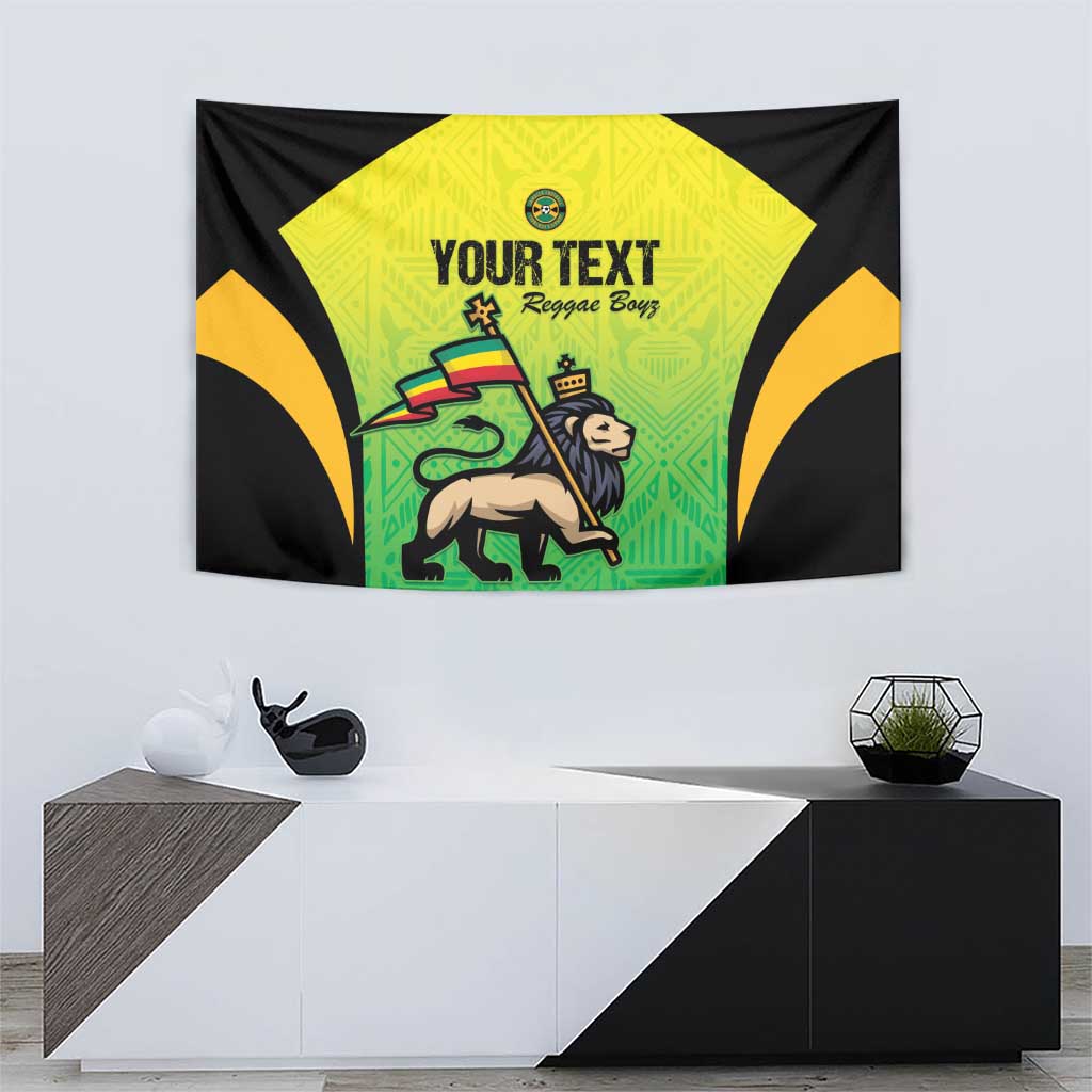 Wall tapestry with black borders, green-yellow panel, lion artwork, and 'YOUR TEXT'