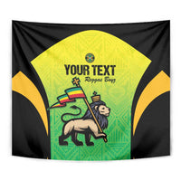 Wall tapestry close-up: black fabric with green-yellow center and 'YOUR TEXT' title