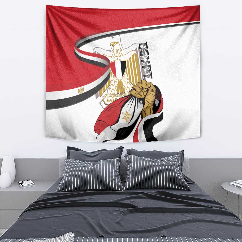 Egypt flag wall tapestry showing coat of arms, eagle emblem, and kneeling figure, red and white