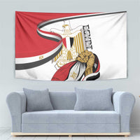 Egypt flag tapestry with eagle coat of arms and kneeling figure illustration, red and white
