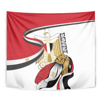 Egypt flag tapestry close-up with eagle coat of arms and kneeling figure in red and black