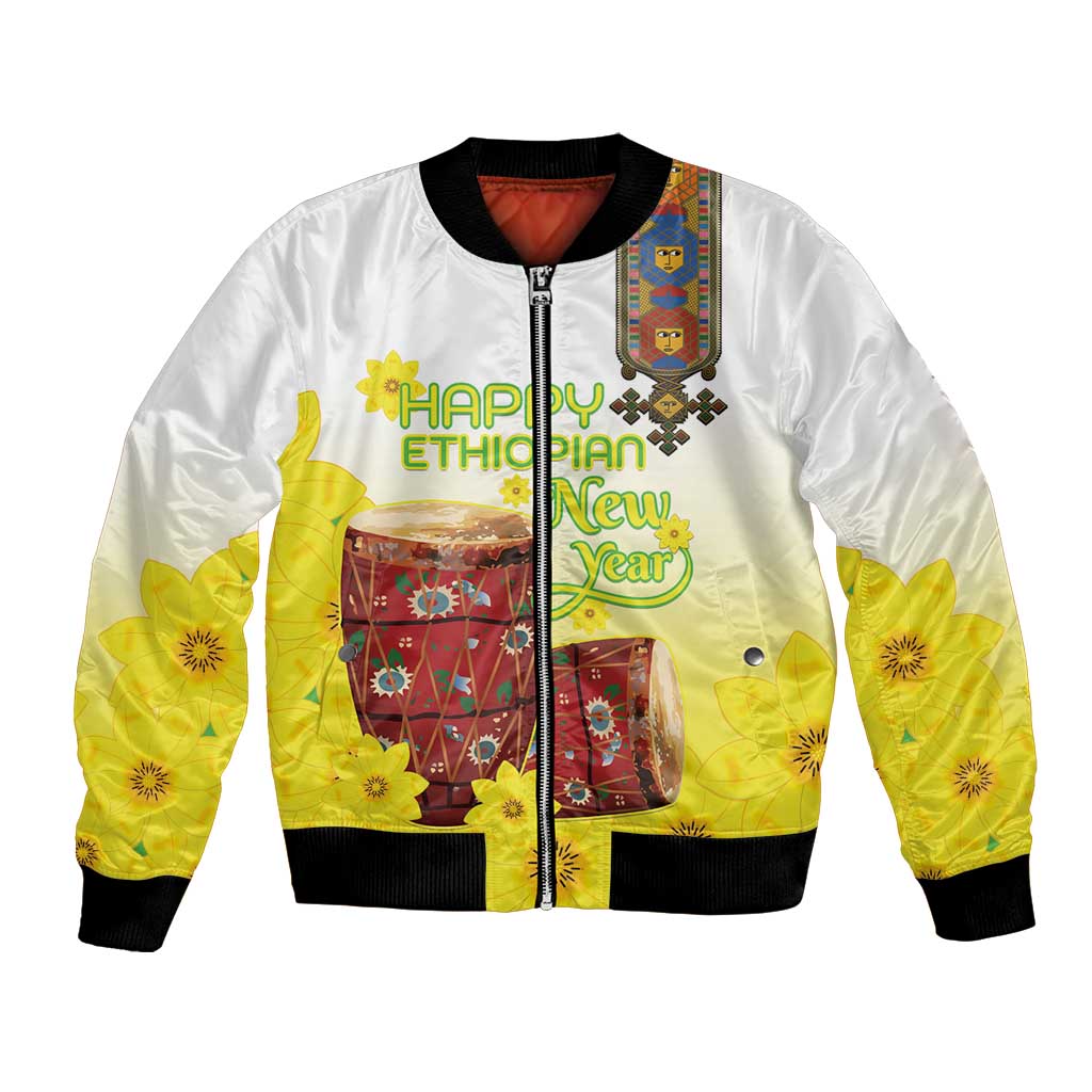 Ethiopian Enkutatash Bomber Jacket Kebero Drum With Adey Abeba Flower - Wonder Print Shop