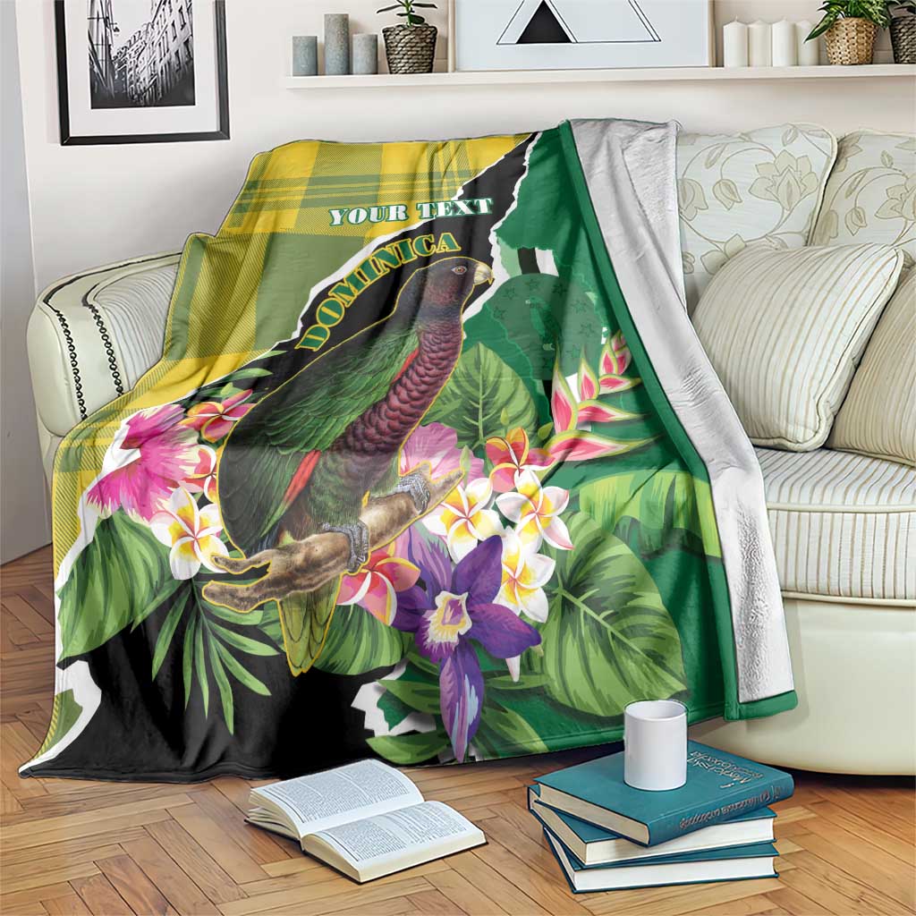 Green tropical blanket with parrot, flowers, yellow plaid, and 'YOUR TEXT' banner